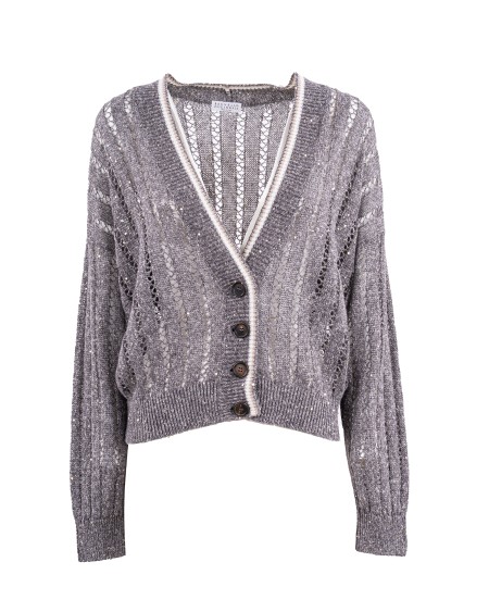 Shop BRUNELLO CUCINELLI  Cardigan: Brunello Cucinelli cardigan dazzling ribbed net in lino.
Chiusura con bottoni in corno.
Scollo a V.
Spalla abbassata.
Manica ampia.
Maglia con diversi punti.
Composizione: 94% LINO, 6% NYLON.
Made in Italy.. MCO559416-CDD25